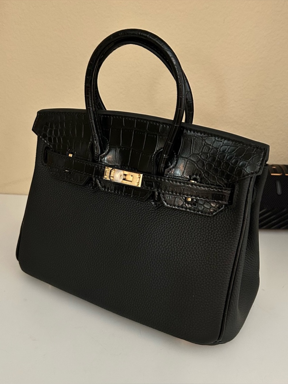 25cm Black Croc-Trim Top-Handle Women's Satchel